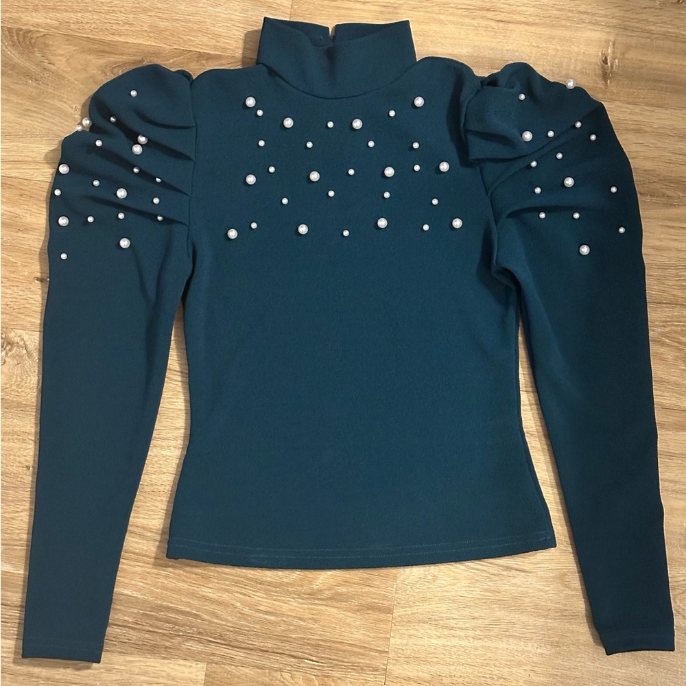 Dark Green Long-Sleeved Top with Pearlescent Beaded Accent Size XS/2